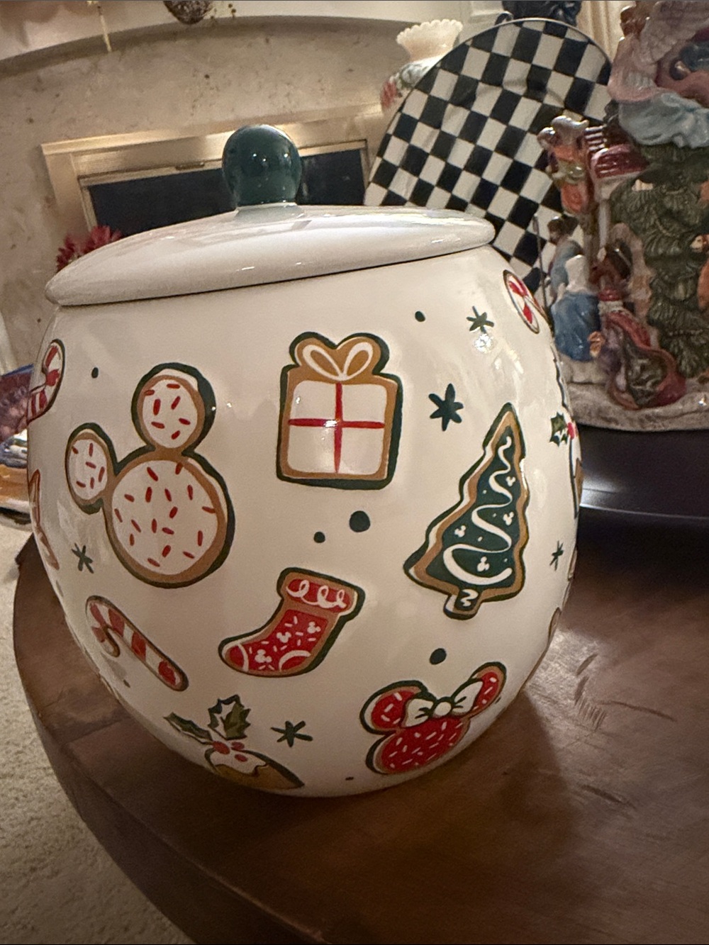 New Large Disney Festive White Holiday Cookie Jar with Green Lid
